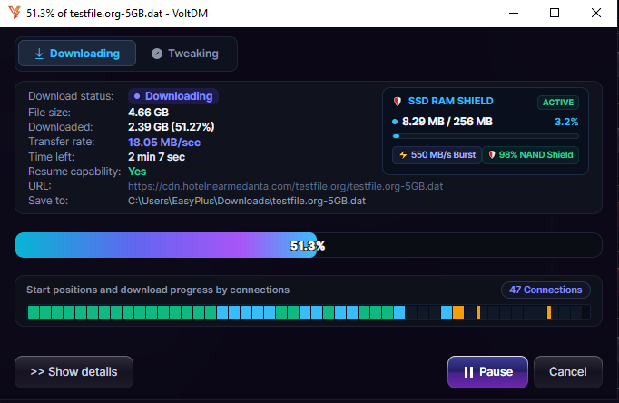 VoltDM Actual Product Desktop UI - Zero Merge, SSD RAM Shield & Dual Network Transfer